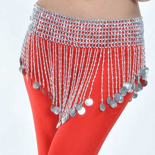 Womens silver belly dance hip scarf 1