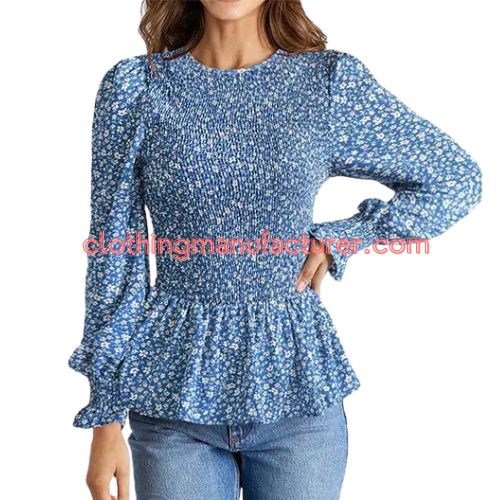 women blue floral long sleeve top wholesale