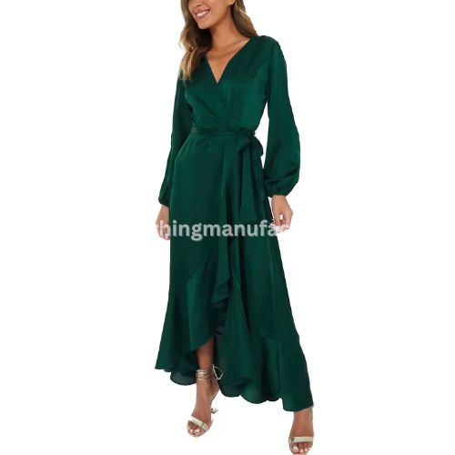 green long sleeve v neck maxi dress wholesale