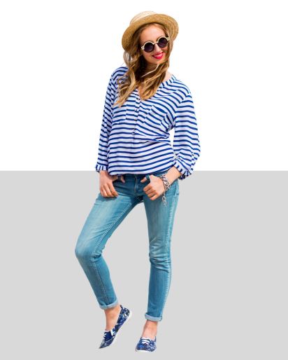 Striped Burgundy Blouse With Dark Blue Jeans Wholesale