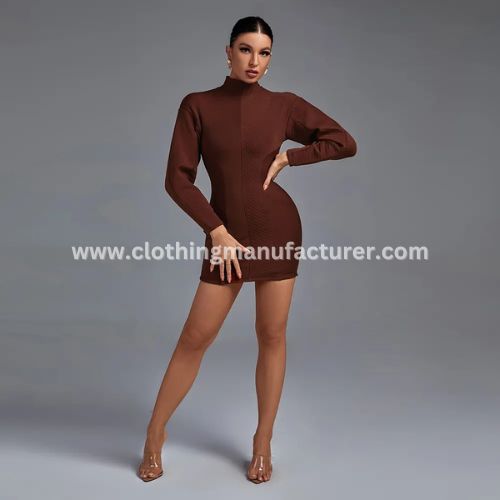 Solid Color Turtleneck Long Sleeve Mini Bandage Dress Supplier