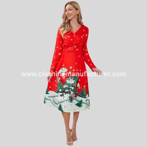 V Neck Long Sleeve Christmas Print Party Dress Manufacturer