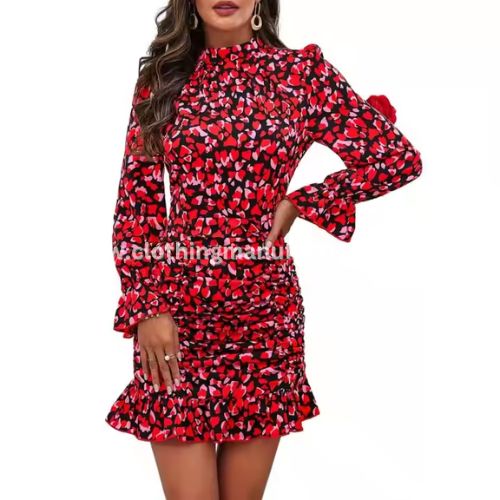 Women Red Valentine's Day Heart Print Long Sleeve Mini Dress Wholesale