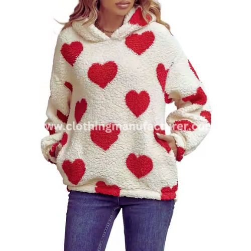 Women Valentine's Day Heart Print Fleece Hoodie Supplier