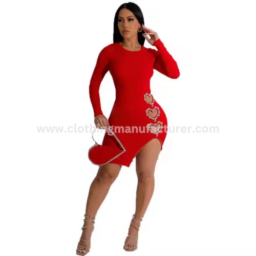 Women's Red Long Sleeve Love Heart Hollow Mini Dress Wholesale