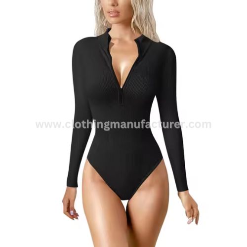 Black Long Sleeve Ribbed One-piece Bodysuit Manufacturer