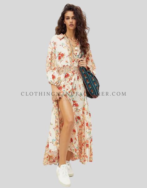 printed boho dress with collar supplier