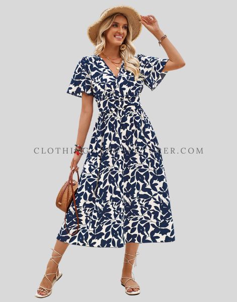 v neck leaf print boho dress supplier