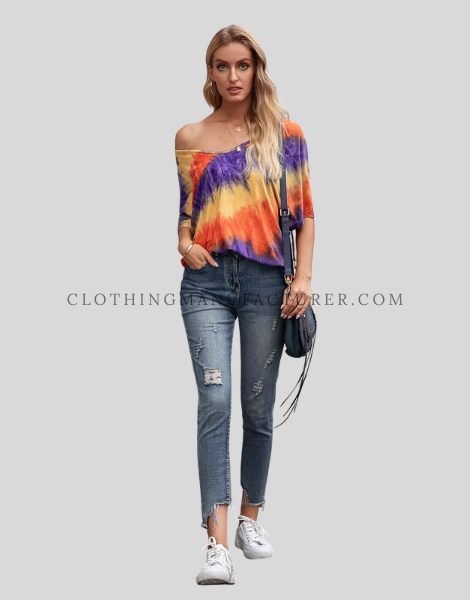 Custom Womens Tie Dye Cold Shoulder T Shirt womens tie dye cold shoulder t shirt supplier