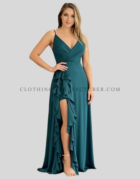 custom ruffle slit spaghetti strap dress