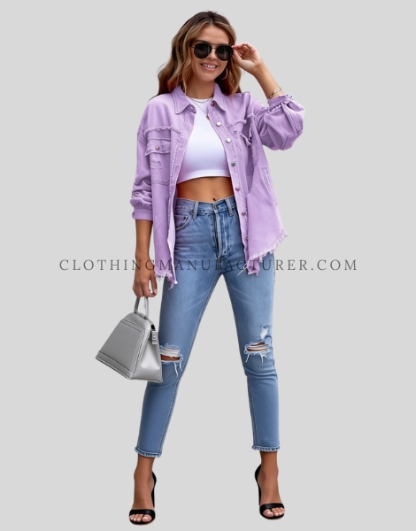 womens ripped frayed denim shacket supplier