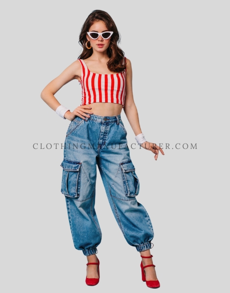 womens denim cargo with elasticated ankle cuffs manufacturer