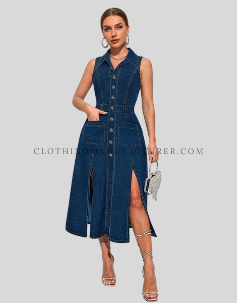 breasted slit denim dress supplier