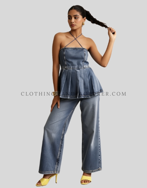 denim co-ord set with halter neckline crisscross straps supplier