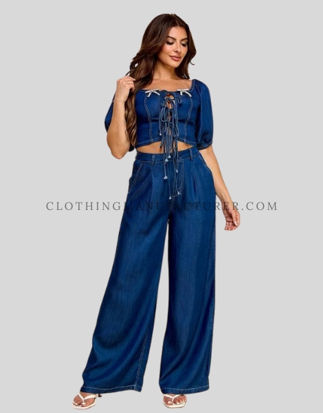 denim co-ord set with lace-up front supplier