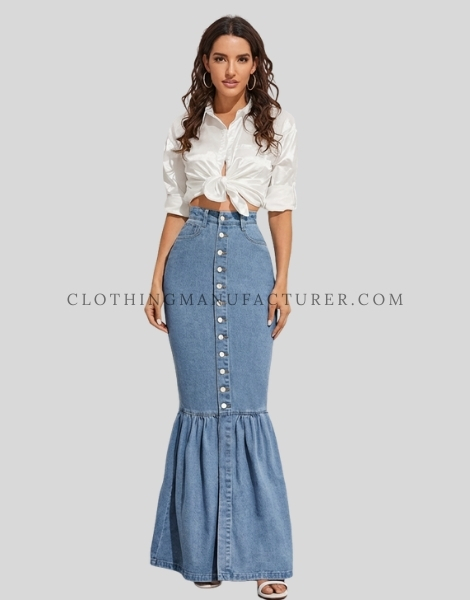 denim fishtail maxi skirt supplier