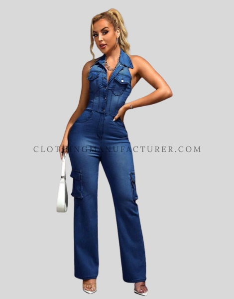 denim jumpsuit with cargo-style pockets supplier
