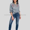 floral embroidered denim shirt for women supplier