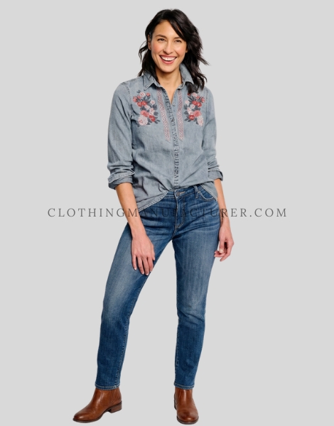 floral embroidered denim shirt for women supplier