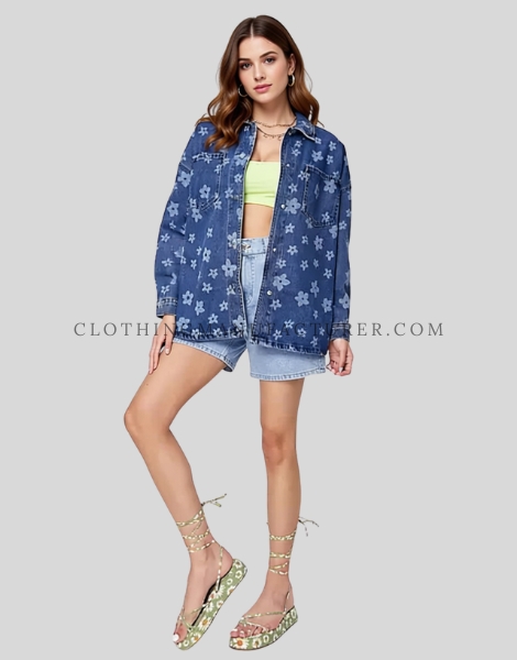 floral printed denim shirt for women supplier