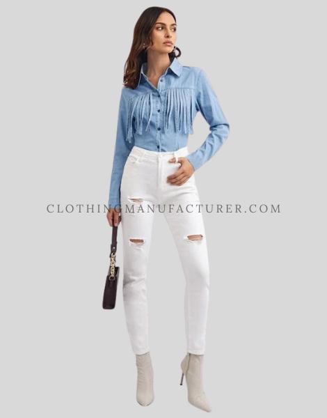 fringe denim shirt for women supplier