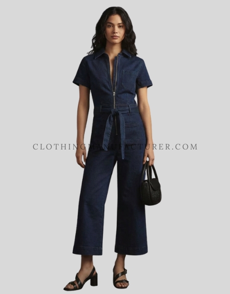 front zipper denim jumpsuit supplier
