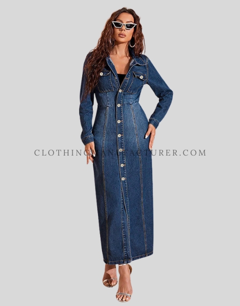 long length denim dress with chest pocket supplier