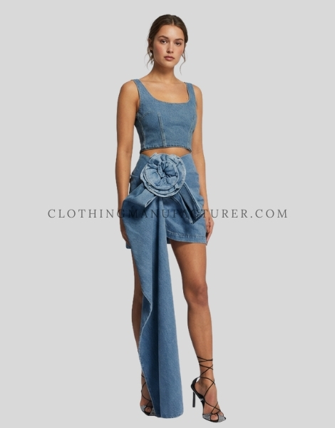 mini denim skirt with large flower sash supplier