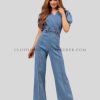 puff sleeve denim jumpsuit supplier