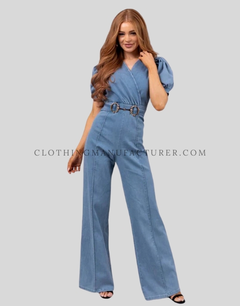 puff sleeve denim jumpsuit supplier