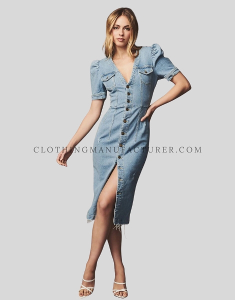 puffy sleeves denim dress supplier