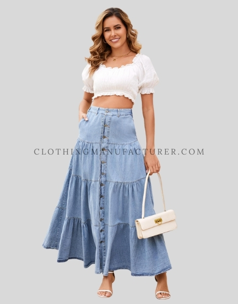 ruffle hem jeans maxi skirt supplier