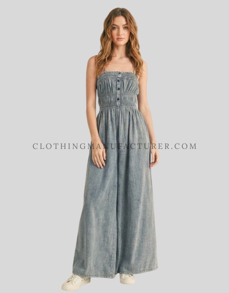 spaghetti straps denim jumpsuit supplier