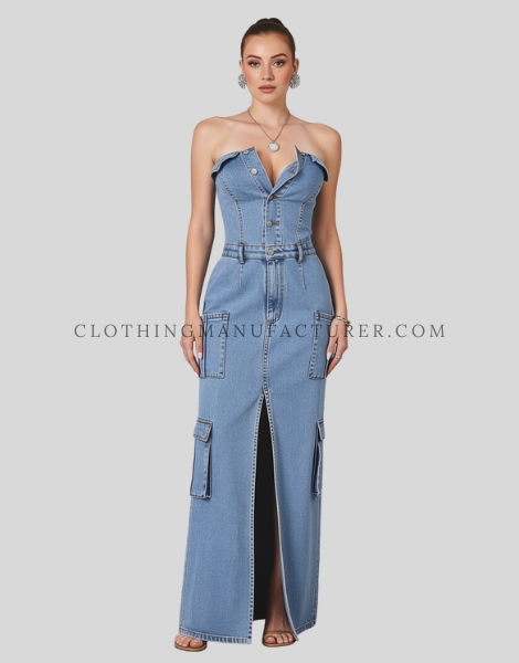 strapless denim dress with multiple pocket supplier