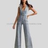 wide v neck denim jumpsuit supplier