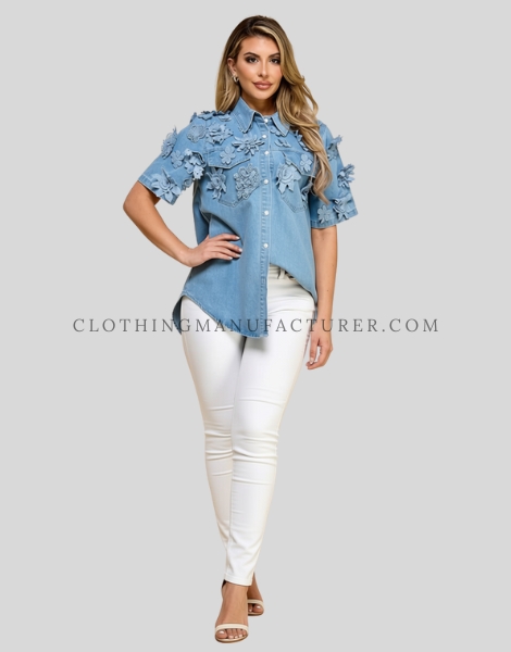 womens denim shirt with flower design supplier
