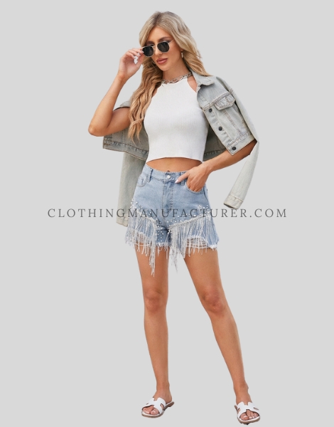 womens rhinestone fringe denim shorts supplier