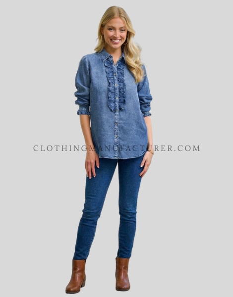 womens ruffled front denim shirt supplier