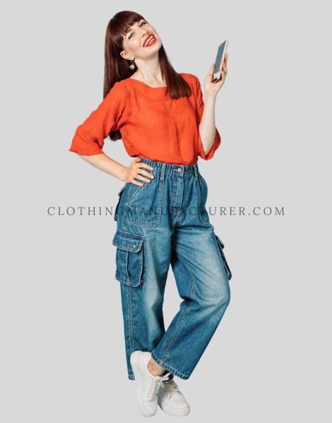 womens wide-leg fit denim cargo supplier