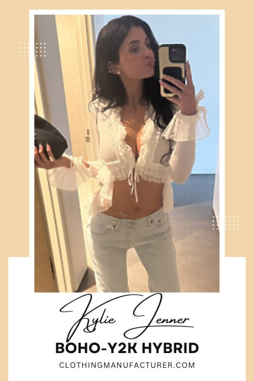 kylie Jenner in white ruffled Ann Demeulemeester top with loose denim and belly chain kylie Jenner in white ruffled Ann Demeulemeester top with loose denim and belly chain