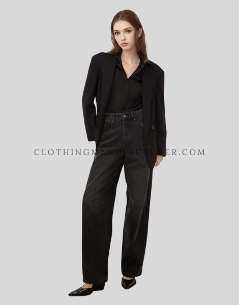black denim wide leg jeans supplier