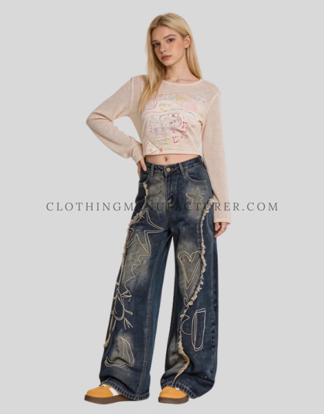 dark wide leg denim jeans supplier