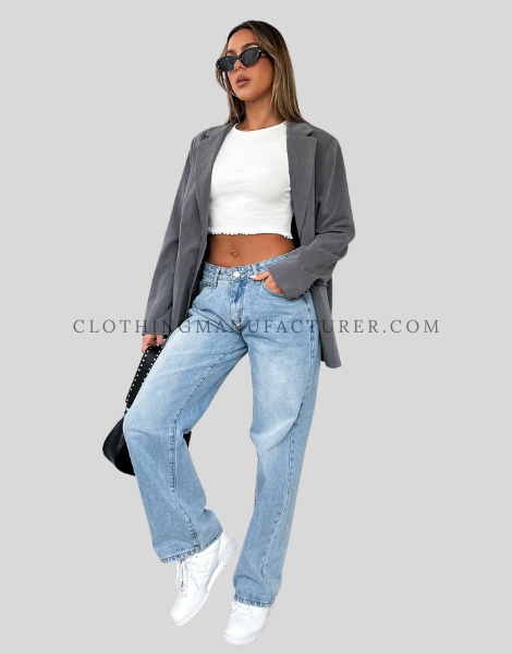 light blue denim wide leg jeans supplier