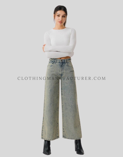 stretch denim wide leg jeans supplier