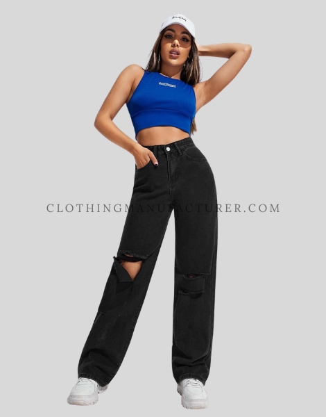 high waisted black ripped jeans supplier