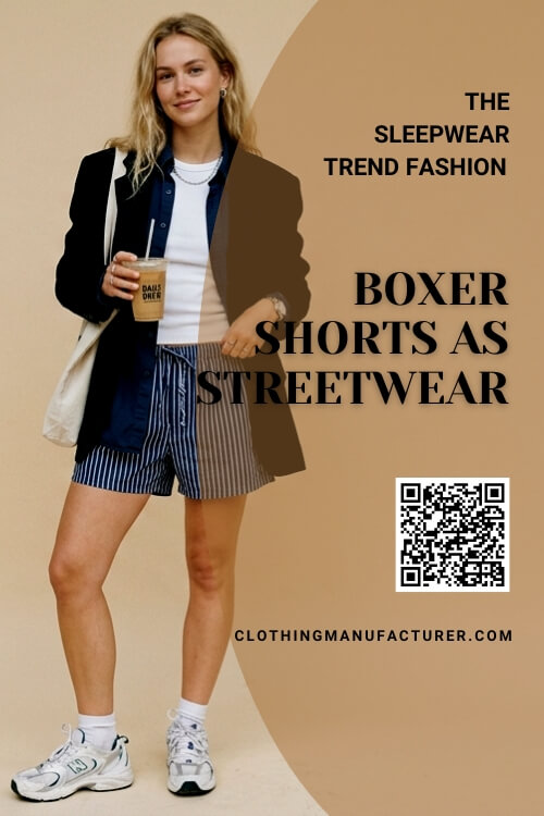 Boxer shorts paired with a casual top for a relaxed streetwear-inspired outfit.